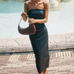 The Soleil Faux-leather Strapless Midi Dress Thumbnail 1