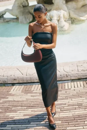 The Soleil Faux-leather Strapless Midi Dress