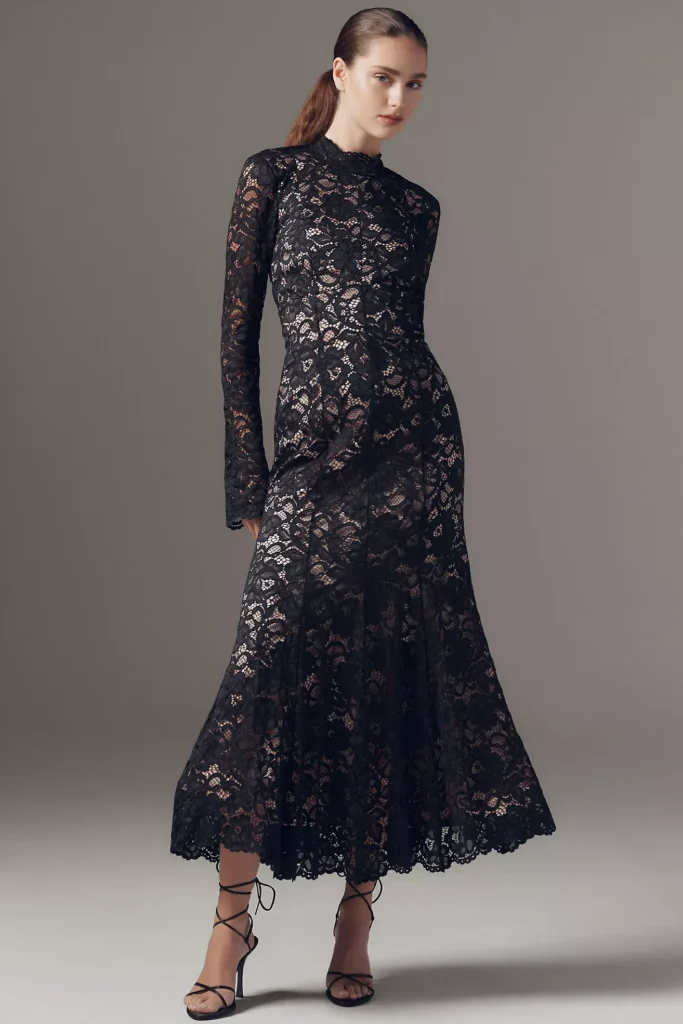 High-Neck Long-Sleeve Knit Midi Dress Full Size Image 1