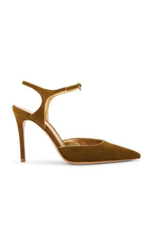 A brown suede high-heeled shoe with a pointed toe and an ankle strap featuring a small buckle, inspired by the elegance of Gianvito Rossi Portofino 85 designs. The heel is thin and high, and the shoe has a closed toe design.