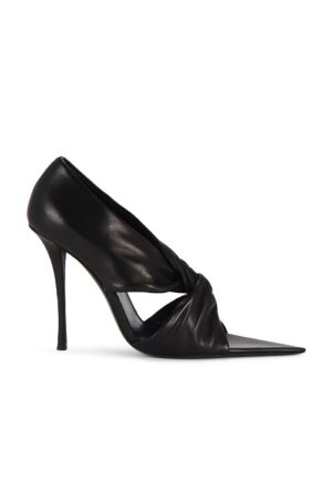A black Saint Laurent Costume Pump with a pointed toe, stiletto heel, and a twisted leather detail across the top. The design is sleek and elegant.