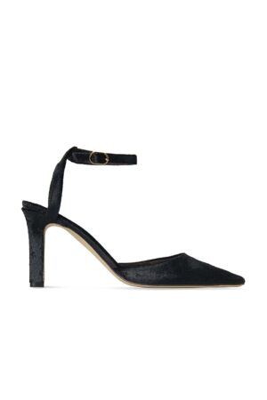 A black high-heeled shoe inspired by The Row Liisa D'orsay Pump, featuring a pointed toe, ankle strap with buckle, closed back, and a medium curved heel. Its simple, elegant design makes it a timeless choice.