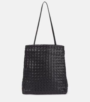 The Lilou woven leather shoulder bag features a sleek black design with thin straps, displayed upright against a plain white background. Its rectangular shape and textured surface add to its elegant appeal.