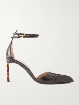 A pointed-toe, dark snake-effect leather pump with a double ankle strap and a medium-height block heel, photographed from the side against a plain background.