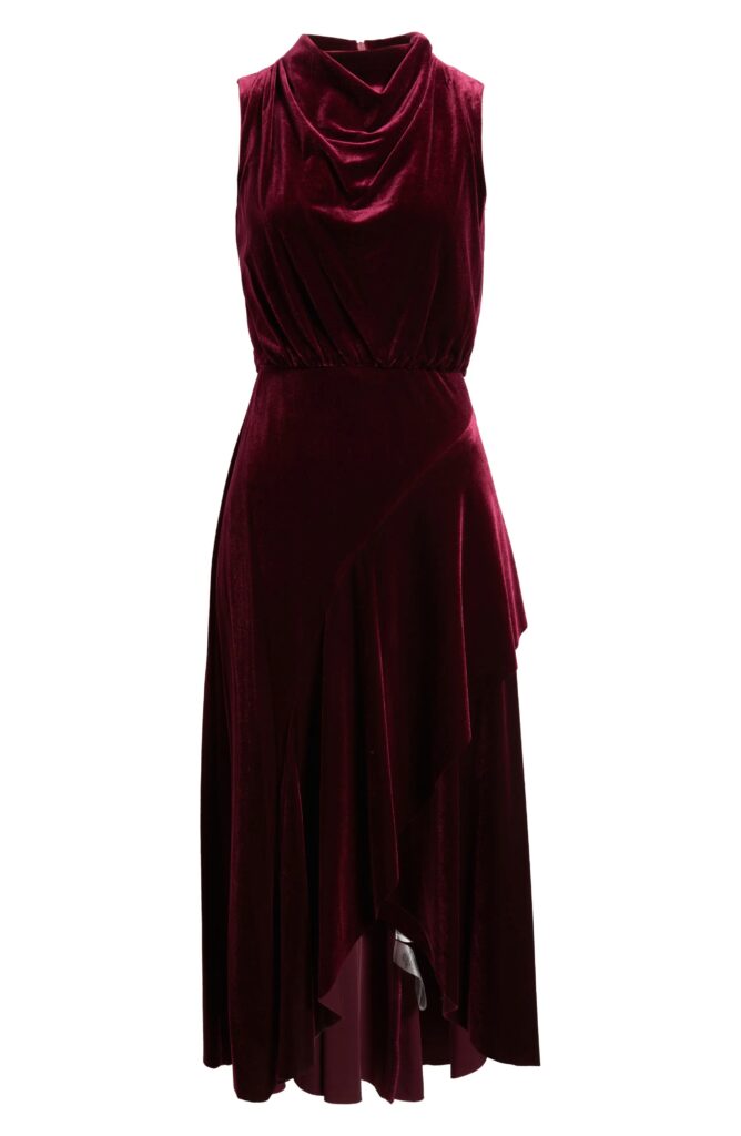 Cowl Neck High-low Velvet Midi Dress Full Size Image 6