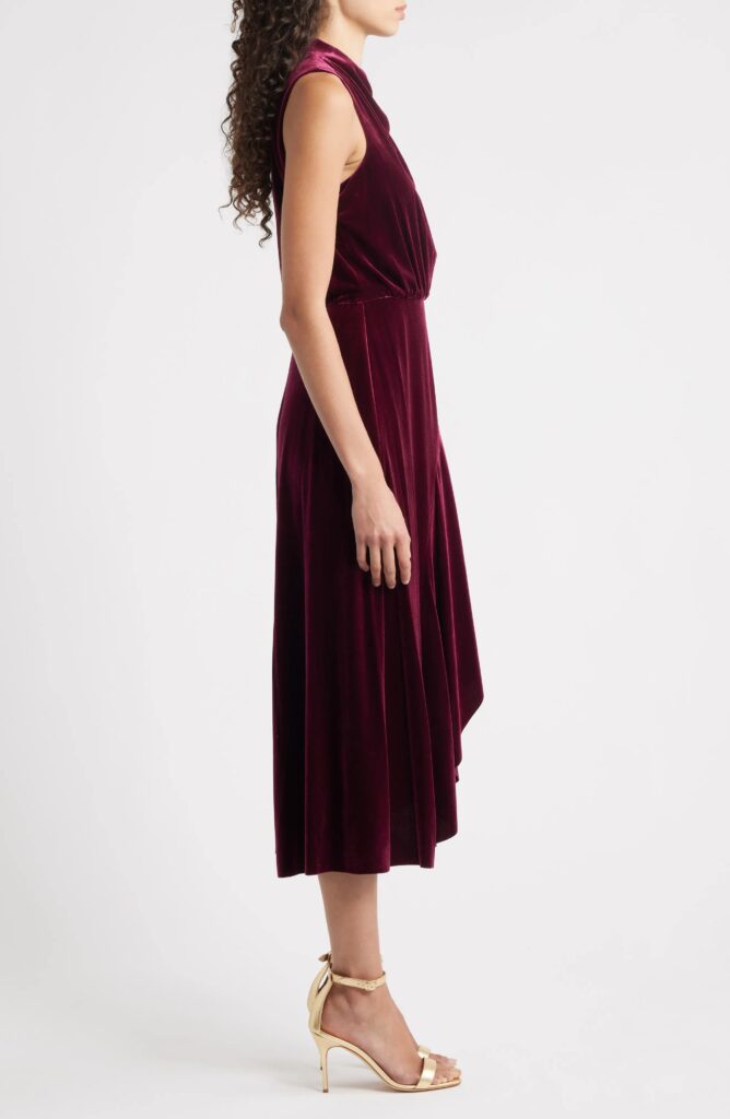 Cowl Neck High-low Velvet Midi Dress Full Size Image 5