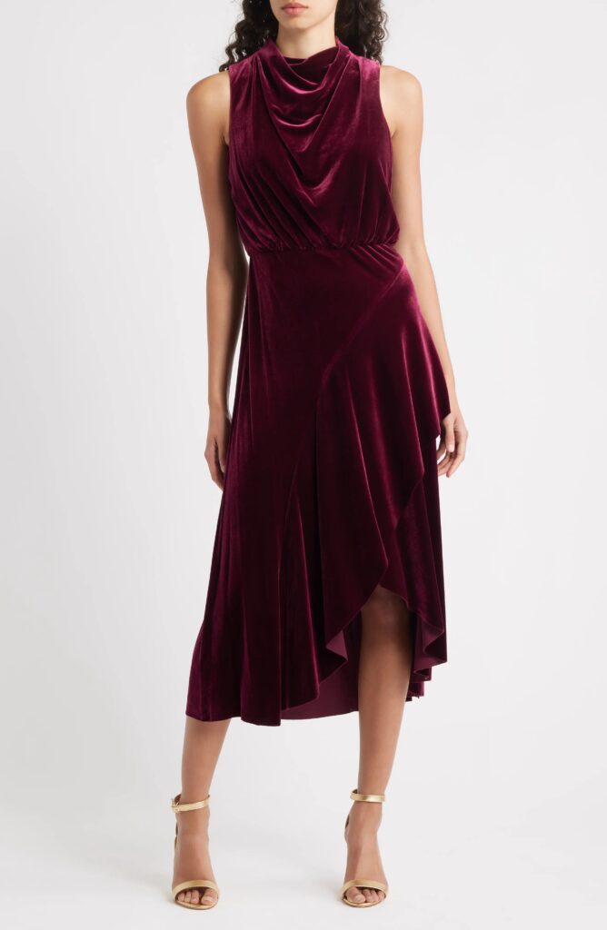 Cowl Neck High-low Velvet Midi Dress Full Size Image 1