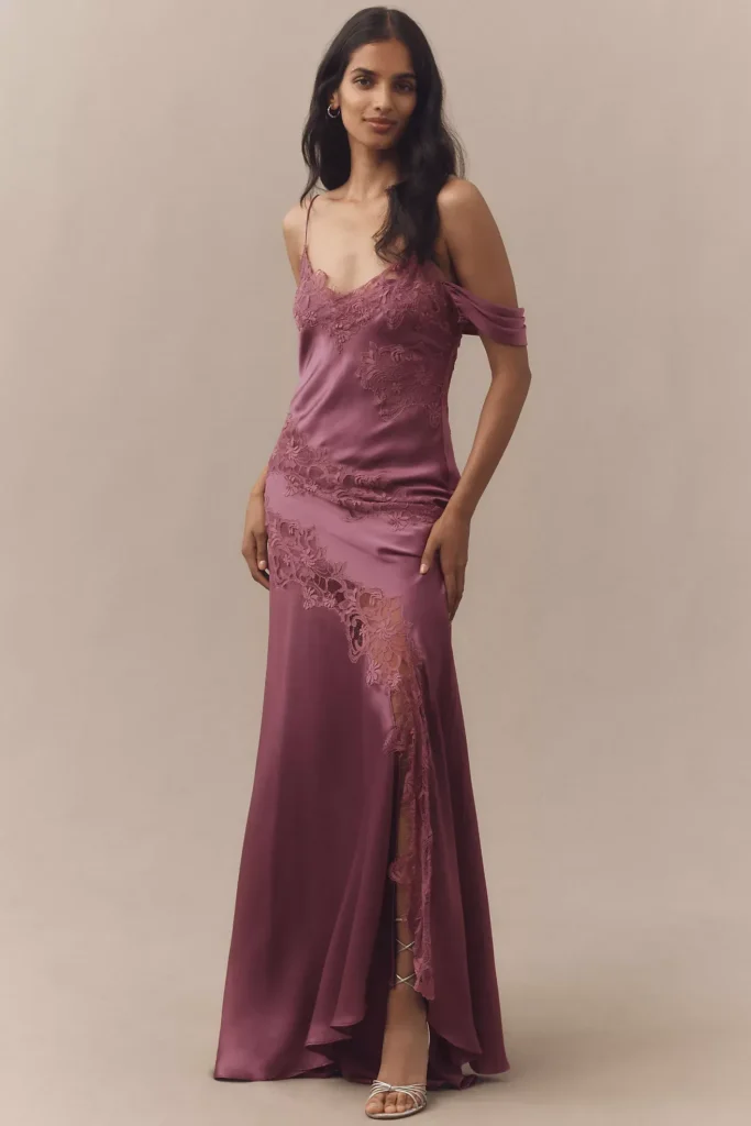 Reese Off-Shoulder Cascade Lace Satin Maxi Dress Full Size Image 1