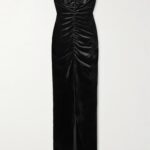 Sleeveless Bow-embellished Gathered Lace-trimmed Velvet Gown Thumbnail 2