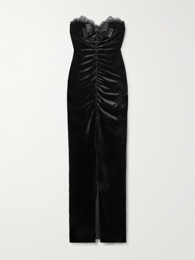 Sleeveless Bow-embellished Gathered Lace-trimmed Velvet Gown Full Size Image 2