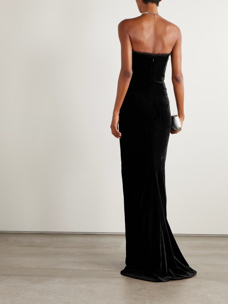 Sleeveless Bow-embellished Gathered Lace-trimmed Velvet Gown Full Size Image 4