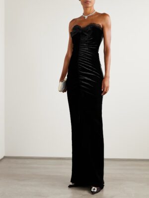 ALESSANDRA RICH Sleeveless Bow-embellished Gathered Lace-trimmed Velvet Gown