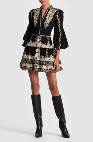ALICE + OLIVIA Valencia Placed Floral Tiered Cotton Dress