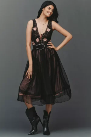 ANTHROPOLOGIE Corset Lace Tulle Midi Dress