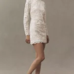 Long-Sleeve Mock-Neck Lace Stretch Satin Mini Dress Thumbnail 1