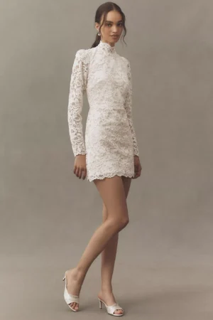 BHLDN Long-Sleeve Mock-Neck Lace Stretch Satin Mini Dress