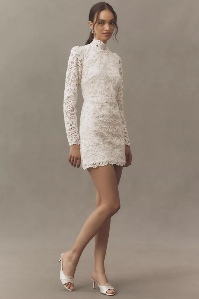 Long-Sleeve Mock-Neck Lace Stretch Satin Mini Dress Full Size Image 1