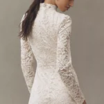 Long-Sleeve Mock-Neck Lace Stretch Satin Mini Dress Thumbnail 2