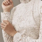 Long-Sleeve Mock-Neck Lace Stretch Satin Mini Dress Thumbnail 4