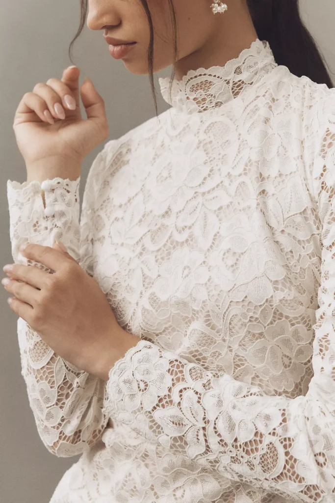 Long-Sleeve Mock-Neck Lace Stretch Satin Mini Dress Full Size Image 4