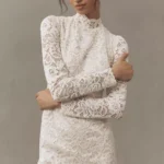Long-Sleeve Mock-Neck Lace Stretch Satin Mini Dress Thumbnail 3