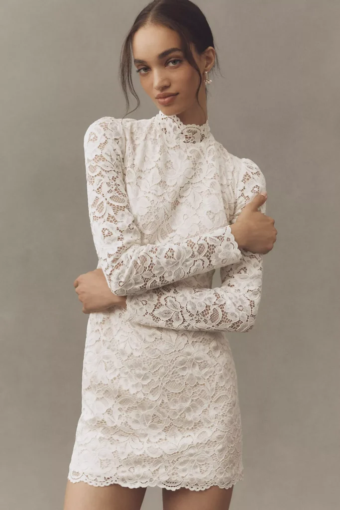 Long-Sleeve Mock-Neck Lace Stretch Satin Mini Dress Full Size Image 3