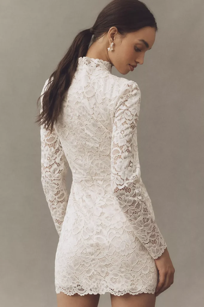 Long-Sleeve Mock-Neck Lace Stretch Satin Mini Dress Full Size Image 2