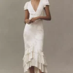 Ruffle V-Neck Textured Midi Dress Thumbnail 1