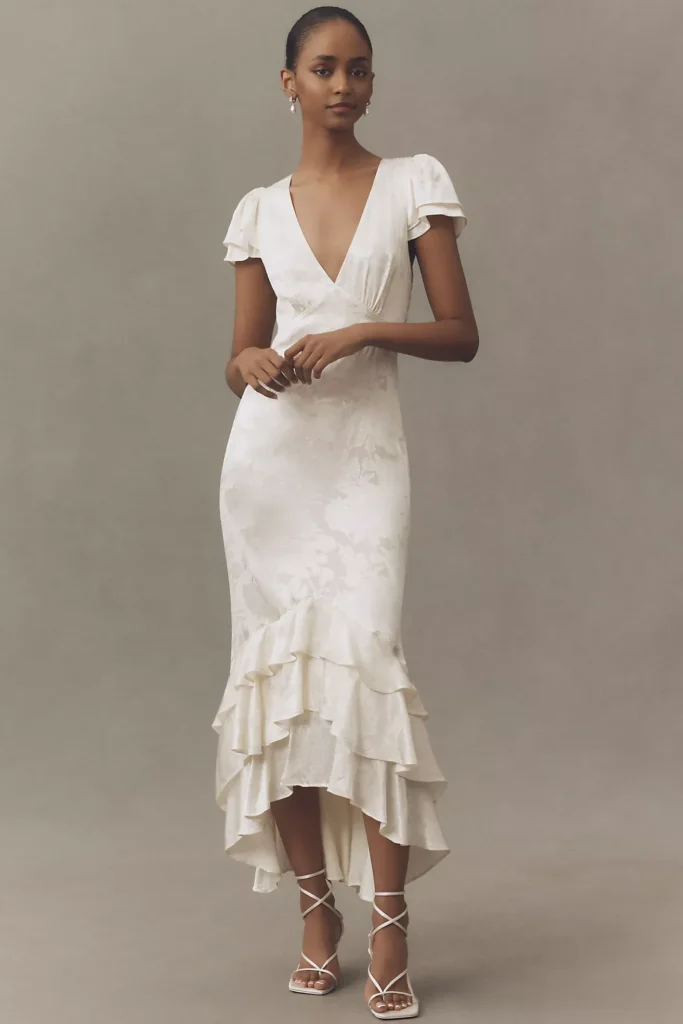 Ruffle V-Neck Textured Midi Dress Full Size Image 1