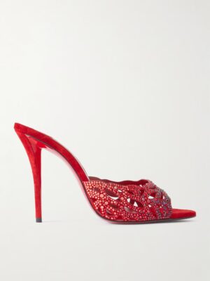 A red high-heeled mule inspired by the Christian Louboutin Lasera 100 Cutout Crystal-embellished Suede Sandals, featuring an open toe, intricate cut-out detailing, red and clear rhinestones, a slim stiletto heel, and a luxe suede finish.