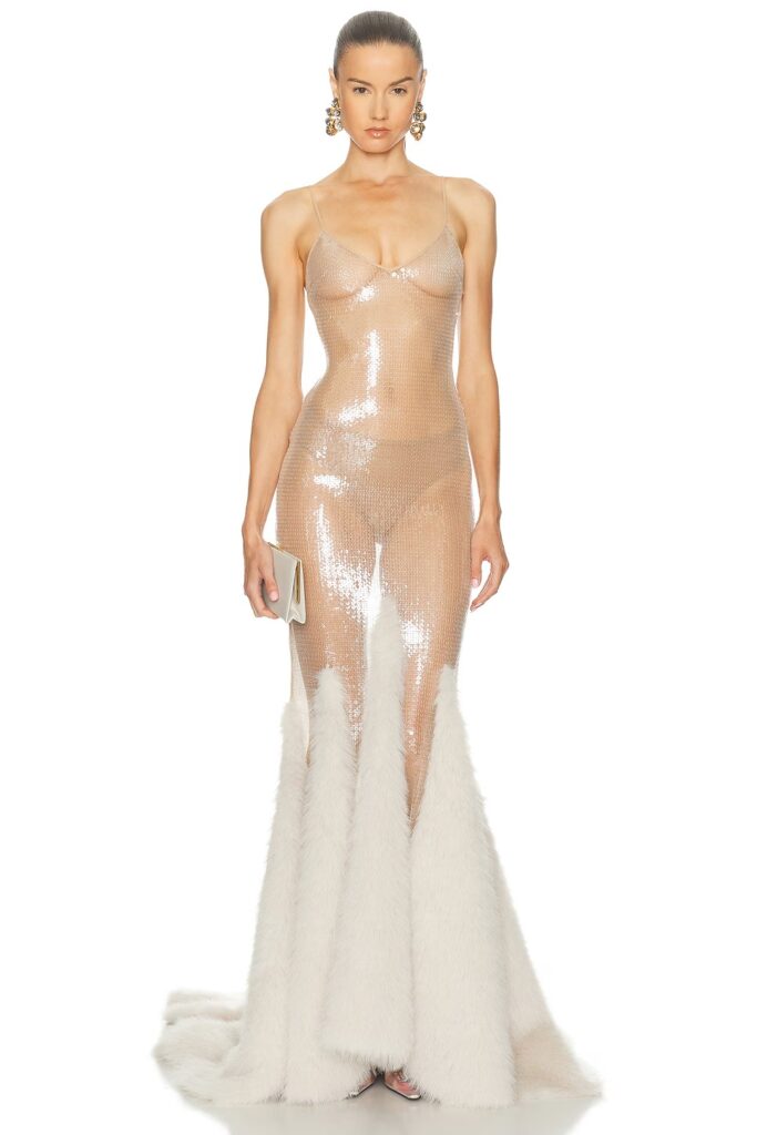 Faux Fur Godets Hem Sequin Gown Full Size Image 1