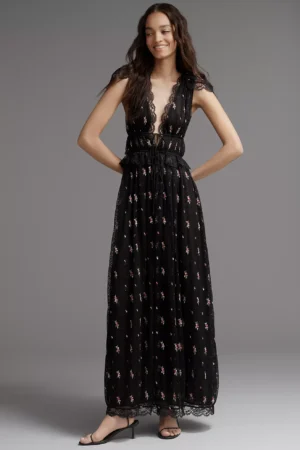 FOR LOVE & LEMONS Poppy Plunge Lace Maxi Dress