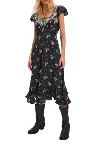 FREE PEOPLE Haven Embroidered Lace Trim Satin Midi Dress