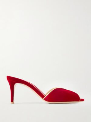 A single red velvet mule heel inspired by Gianvito Rossi 95 Metallic Leather-trimmed Velvet Pumps, with an open toe, mid-height stiletto heel, and beige sole, displayed against a plain white background.