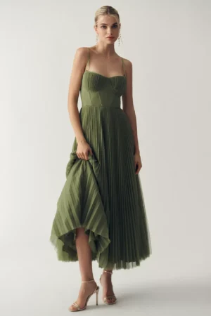 HUTCH Amara Corset Pleated Tulle Fit & Flare Midi Dress