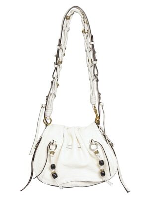 A white leather handbag inspired by the Isabel Marant Bolton Leather Saddle bag, featuring a gathered, drawstring-style top, decorative stitching, and a braided shoulder strap with metal accents and black bead details.