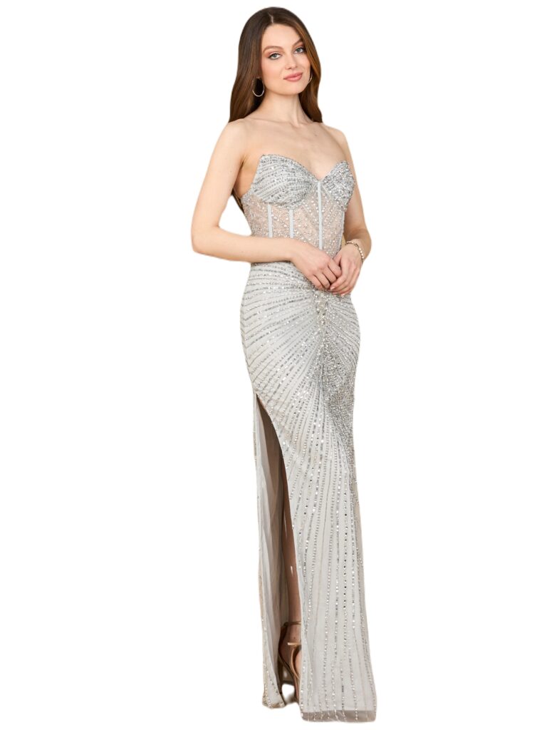 Embellished Strapless Gown with Slit Full Size Image 3