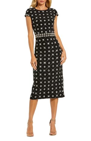 MAC DUGGAL Hand Embellished Cap Sleeve Midi Dress