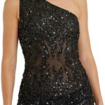 One Shoulder Sheer Hand Beaded Mini Dress Thumbnail 2