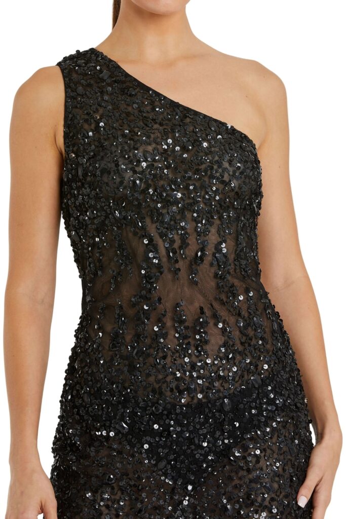 One Shoulder Sheer Hand Beaded Mini Dress Full Size Image 2