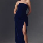 Strapless Draped Velvet Side-Slit Maxi Dress Thumbnail 1