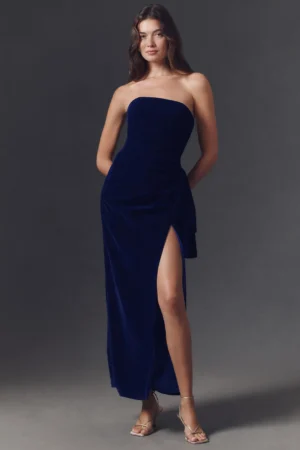 MAC DUGGAL Strapless Draped Velvet Side-Slit Maxi Dress