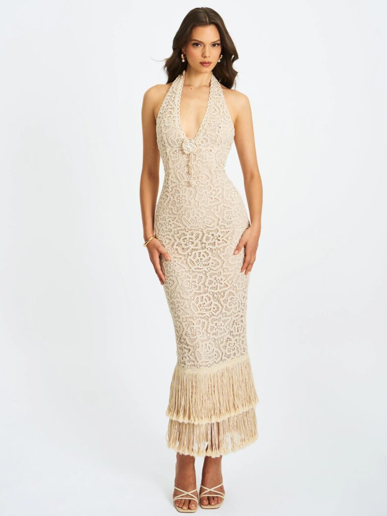 Faelyn Double Fringe Crochet Halter Maxi Dress Full Size Image 2