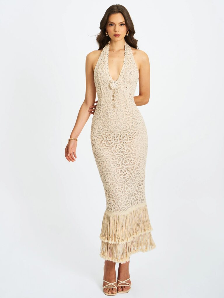 Faelyn Double Fringe Crochet Halter Maxi Dress Full Size Image 3