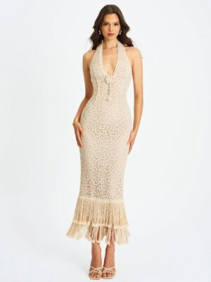 MISS CIRCLE Faelyn Double Fringe Crochet Halter Maxi Dress
