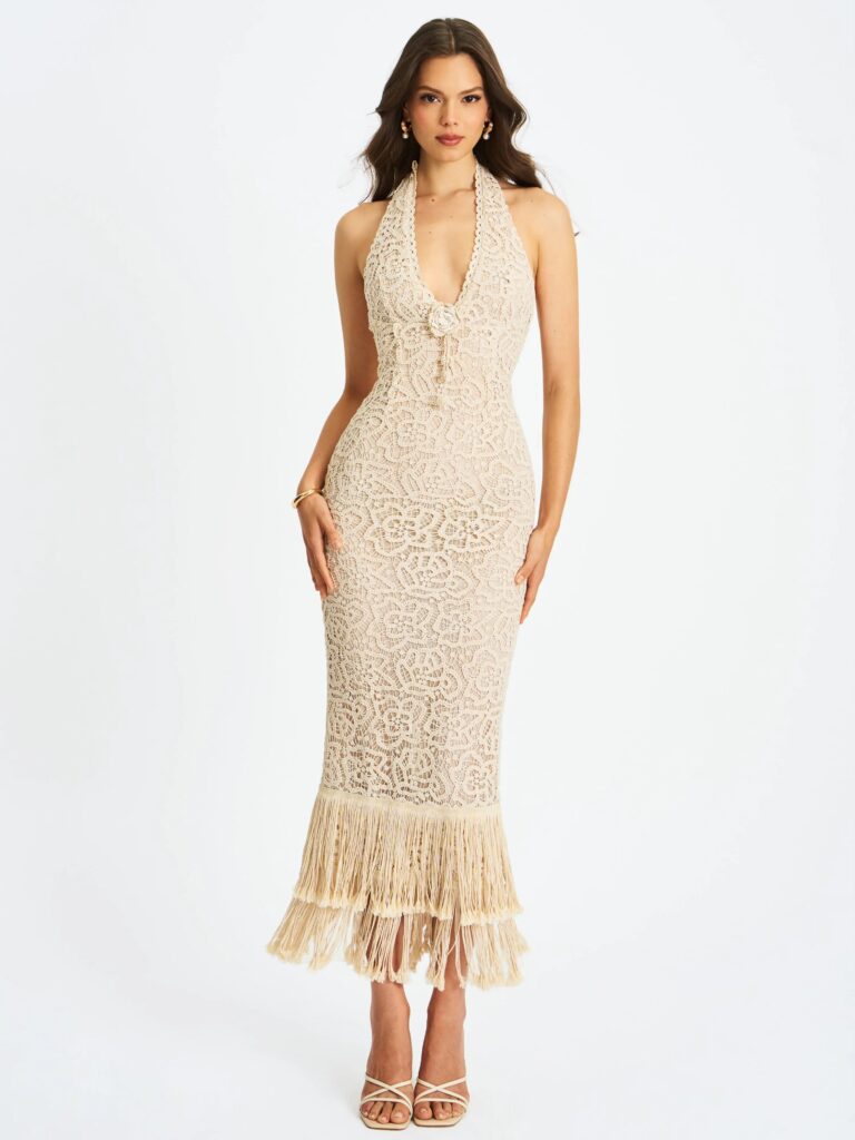 Faelyn Double Fringe Crochet Halter Maxi Dress Full Size Image 1