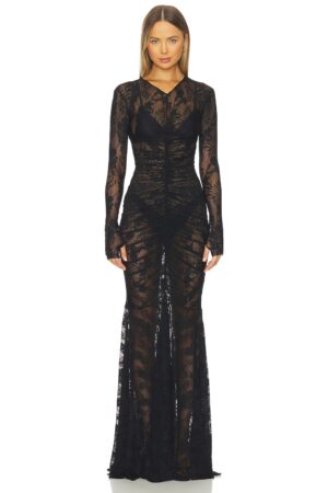 Long Sleeve V Neck Shirred Fishtail Gown
