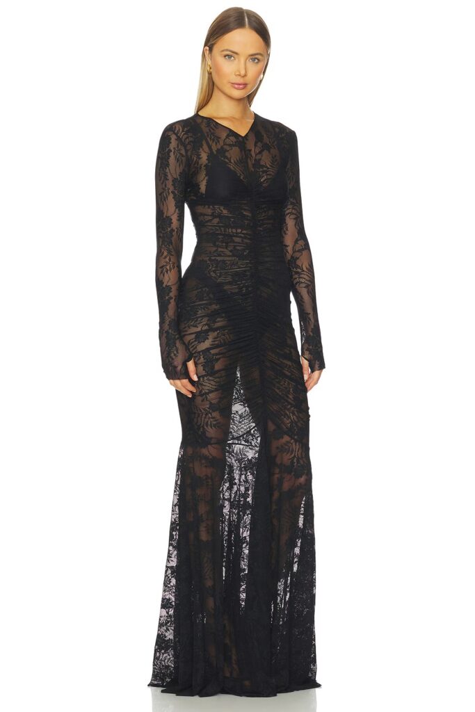 Long Sleeve V Neck Shirred Fishtail Gown Full Size Image 3