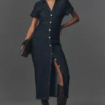 Short-Sleeve Ruched Denim Midi Shirt Dress Thumbnail 1