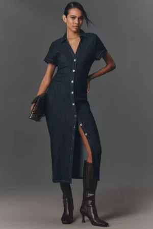 PILCRO Short-Sleeve Ruched Denim Midi Shirt Dress